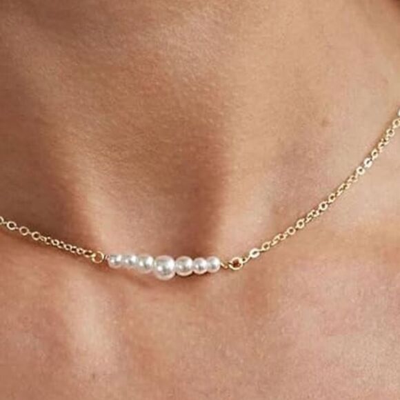 Dainty Pearl Necklace 14K Gold Plated Layered Pearl Pendant Wedding Pearl Gift - Picture 2 of 8